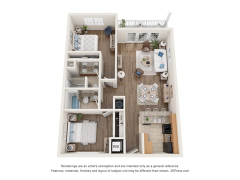Floor plan for 2 beds, 2 baths, 996 sqft